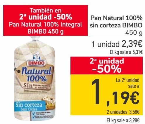 Oferta de Pan Natural 100% sin corteza BIMBO  por 2,39€