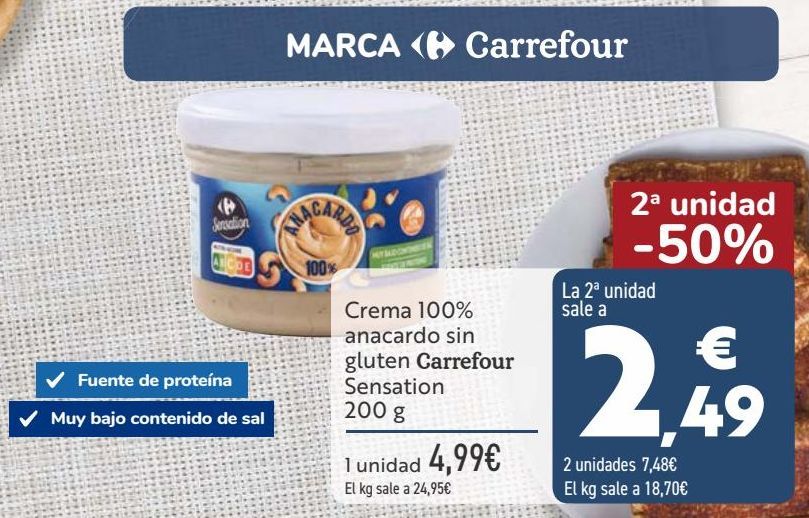 Oferta de Crema 100% anacardo sin gluten Carrefour Sensation  por 4,99€