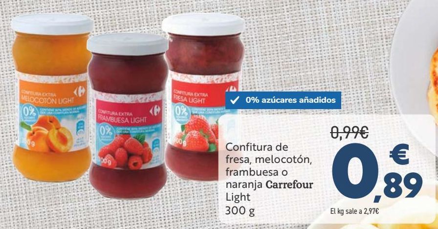 Oferta de Confitura de fresa, melocotón, frambuesas o naranja Carrefour  por 0,89€