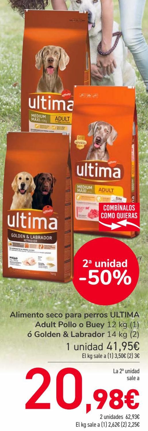 Oferta de Alimento seco para perros ULTIMA Adult Pollo o Buey  ó Golden & Labrador  por 41,95€