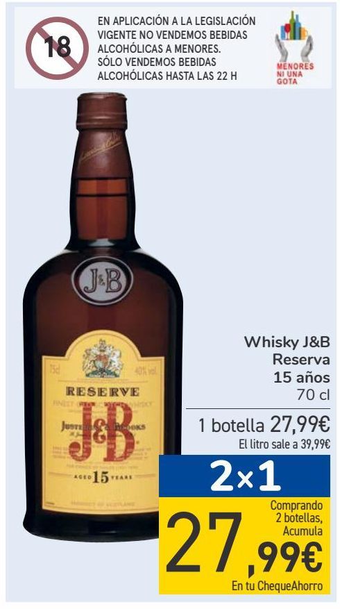 Oferta de Whisky J&B Reserva 15 años  por 27,99€