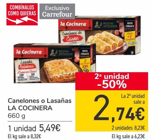 Oferta de Canelones o Lasaña LA COCINERA  por 5,49€
