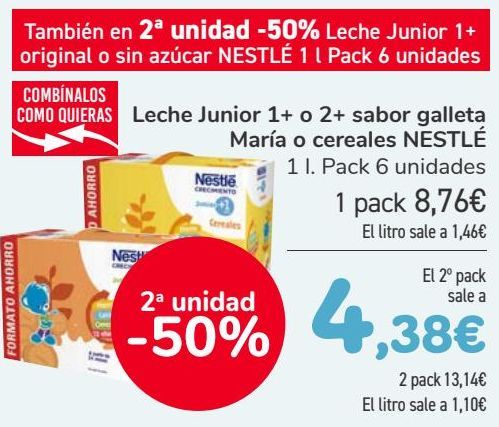 Oferta de Leche Junior 1+ o 2+ Sabor galleta María o cereales NESTLÉ  por 8,76€