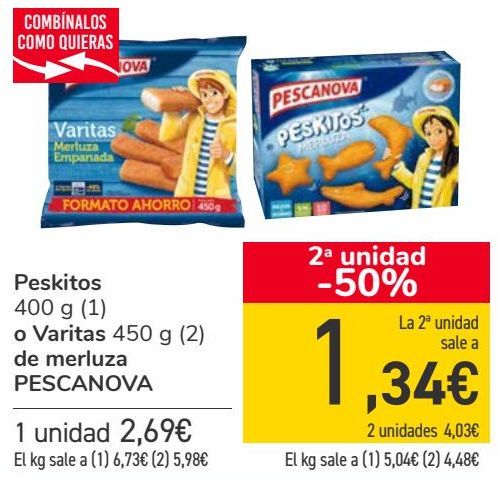 Oferta de Peskitos o Varitas de merluza PESCANOVA  por 2,69€