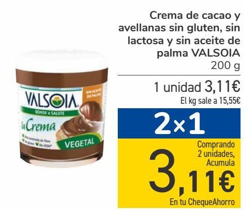 Oferta de Crema de cacao y avellanas sin gluten, sin lactosa y sin aceite de palma VALSOIA  por 3,11€