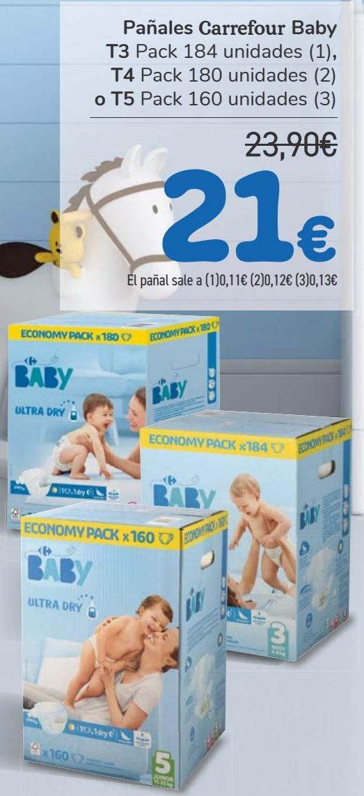 Oferta de Pañales Carrefour Baby T3, T4 o T5  por 21€