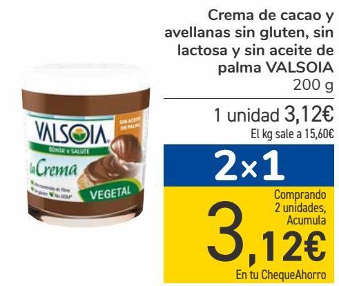 Oferta de Crema de cacao y avellanas sin gluten, sin lactosa y sin aceite de palma VALSOIA  por 3,12€