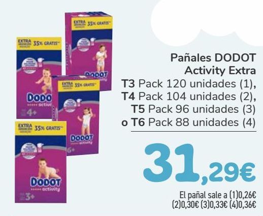 Oferta de Pañales DODOT Activity Extra, T3, T4,  T5 o T6 por 31,29€