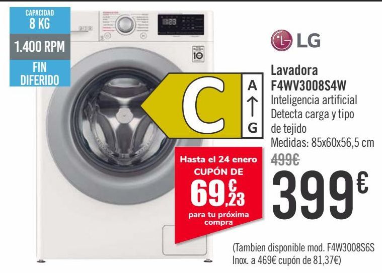 Oferta de LG Lavadora F4WV3008S4W  por 399€