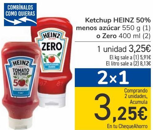 Oferta de Ketchup HEINZ 50% menos azúcar o Zero  por 3,25€