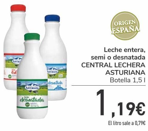 Oferta de Leche entera, semi o desnatada CENTRAL LECHERA ASTURIANA  por 1,19€