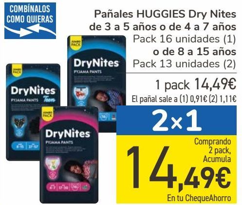 Oferta de Pañales HUGGIES Dry Nites de 3 a 5 años o de 4 a 7 años o de 8 a 15 años por 14,49€