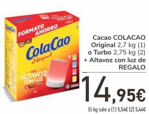 Oferta de Cacao COLACAO Original o Turbo + Altavoz con luz de REGALO  por 14,95€