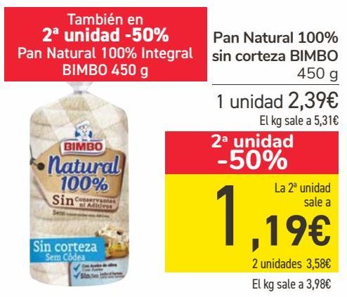 Oferta de Pan natural 100% sin corteza BIMBO  por 2,39€
