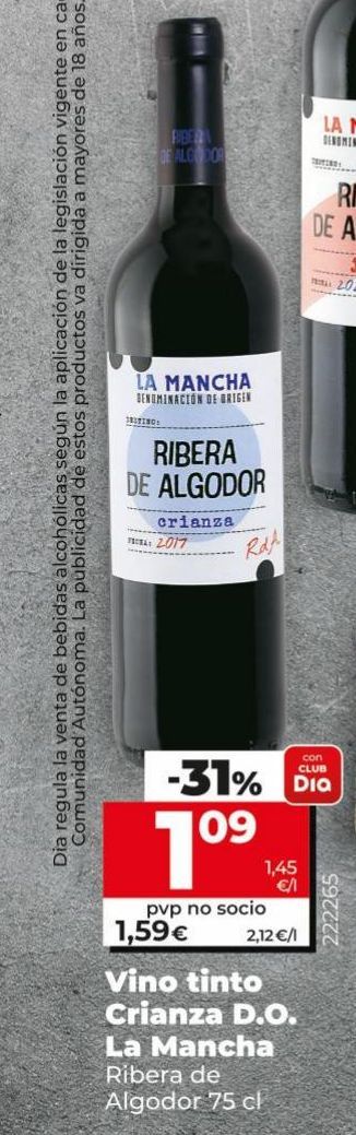 Oferta de Vino tinto Crianza DO La Mancha por 1,59€