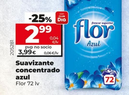 Oferta de Suavizante concentrado azul Flor 72 lv por 3,99€