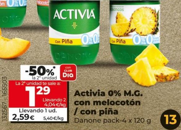 Oferta de Activia 0% MG con melocotón / con piña por 2,59€