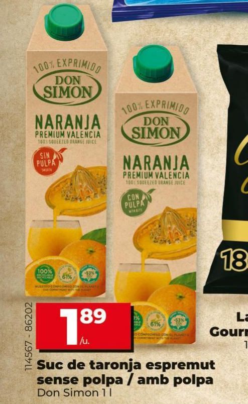 Oferta de Zumo de naranja exprimido sin pulpa / con pulpa Don Simón 1L por 1,89€