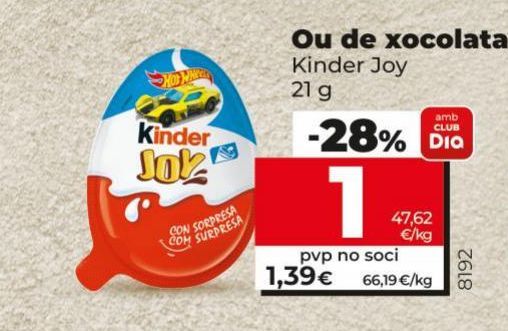 Oferta de Huevo de chocolate Kinder Joy 21g por 1,39€