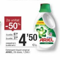 Oferta de 2a unitat -50%  JETA  ta unitat 2 unitat  4'50 Ariel  compra-ne2 buurt  ARIEL .  Detergent liquid original ARIEL, 29 dosis, 1.595  por 