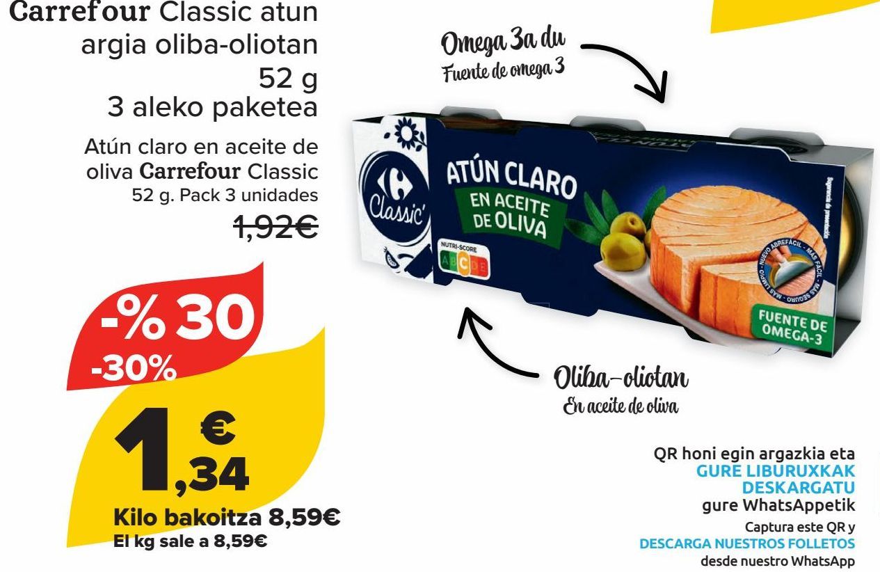 Oferta de Atún claro en aceite de oliva Carrefour Classic  por 1,34€