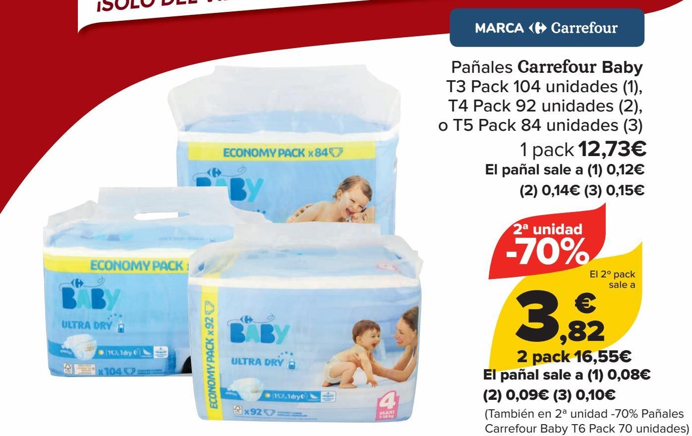 Oferta de Pañales Carrefour Baby T3, T4 o T5  por 12,73€