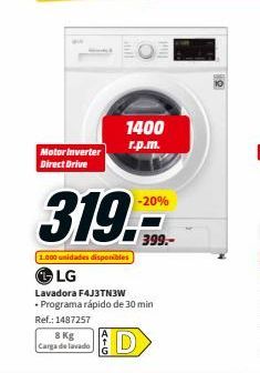 Oferta de 1400 c.p.m.  Motor Inverter Direct Drive  -20%  319.2  1.000 unidades disponibles  LG  Lavadora F4J3TN3W . Programa rápido de 30 min Ref.: 1487257  8 Kg Carga de lavado  JAD  por 