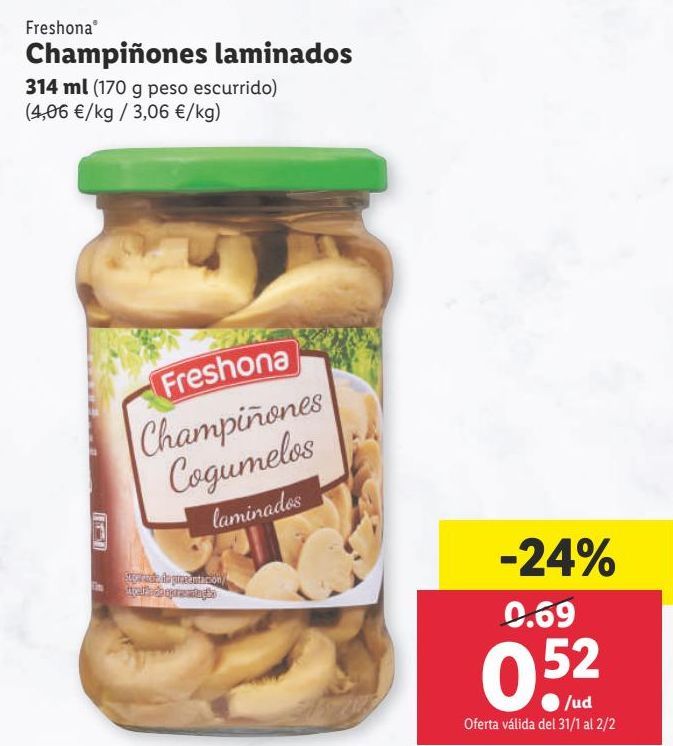 Oferta de Champiñones laminados Freshona por 0,52€
