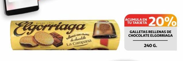 Oferta de ACUMULA EN  TU TARJETA  20%  Elgorriaga  GALLETAS RELLENAS DE CHOCOLATE ELGORRIAGA  Bonast dem La Campana  de chocolate  240 G.  por 