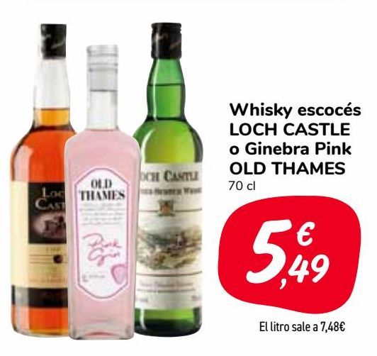 Oferta de Whisky escocés LOCH CASTLE o Ginebra Pink OLD THAMES  por 5,49€