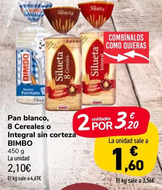 Oferta de Pan blanco, 8 cereales o integral sin corteza BIMBO  por 2,1€