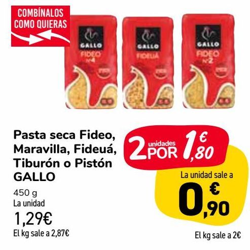 Oferta de Pasta secas Fideo, Maravilla, Fideuá, Tiburón o Pistón GALLO  por 1,29€