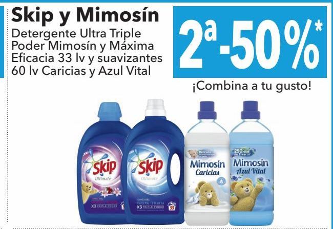 Oferta de Detergente Ultra Triple Poder Mimosín y Máxima eficacia y suavizantes Caricias y Azul Vital por 