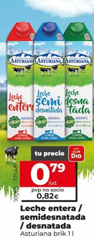 Oferta de Leche entera/semidsnatada/ desnatada  Central Lechera Asturiana por 0,79€