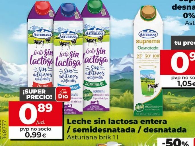 Oferta de Leche sin lactosa entera / semidesnatada / desnatada Asturiana brik 1L por 0,99€