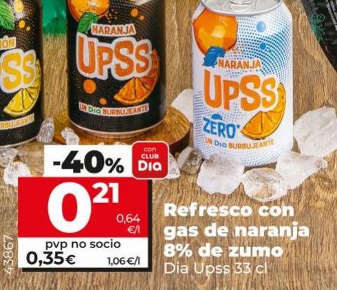 Oferta de Refresco con gas de naranja 8% de zumo Dia Upss 33cl por 0,35€