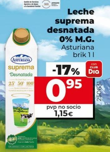 Oferta de Leche suprema desnatada 0% MG Asturiana brik 1L por 1,15€