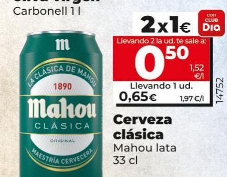 Oferta de Cerveza clásica Mahou lata 33cl por 0,65€