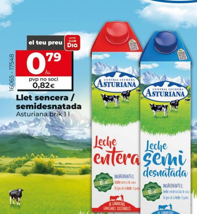 Oferta de Leche entera / semidesnatada Asturiana brik 1L por 0,82€