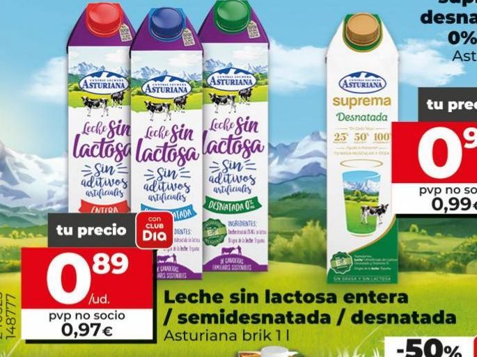 Oferta de Leche sin lactosa entera / semidesnatada / desnatada Asturiana brik 1L por 0,97€