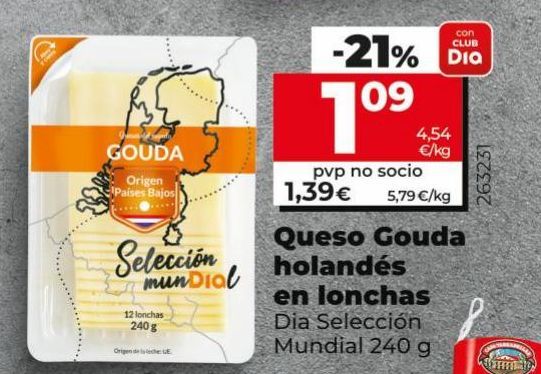 Oferta de Queso gouda holandés en lonchas Dia Selección Mundial 240g por 1,39€