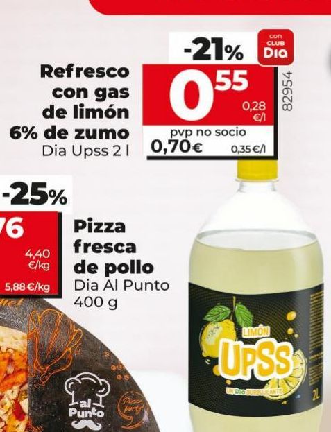 Oferta de Refrescos con gas de limón 6% de zumo Dia Upss 2L por 0,7€