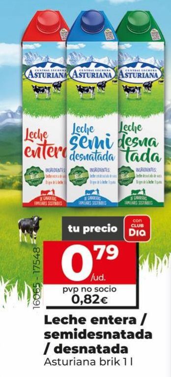 Oferta de Leche entera / semidesnatada / desnatada Asturiana Brik 1L por 0,82€