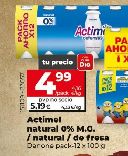 Oferta de Actimel natural 0% MG / natural / de fresa Danone pack-12 x 100g por 5,19€