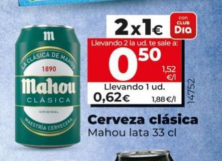 Oferta de Cerveza clásica Mahou lata 33cl por 0,62€