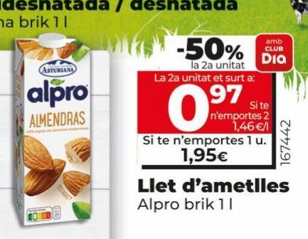 Oferta de Leche de almendras Alpro brik 1L por 1,95€