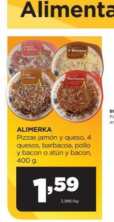Oferta de Q  Ques  Folie  ha  Barte  ALIMERKA Pizzas jamón y queso, 4 quesos, barbacoa, pollo y bacon o atún y bacon, 400 g.  3.994/ka  por 