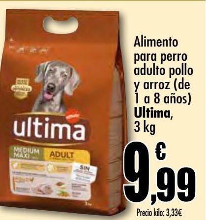 Oferta de Alimento para perro adulto pollo y arroz (de 1 a 8 años) Ultima, 3 kg por 9,99€