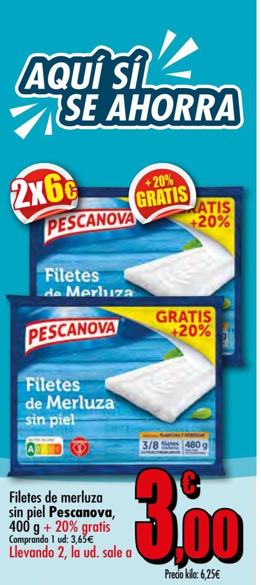 Oferta de Filetes de merluza sin piel Pescanova, 400 g + 20% gratis por 3,65€