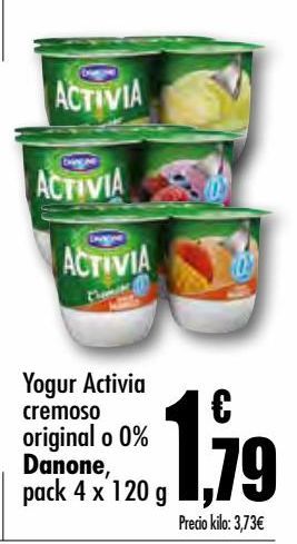 Oferta de Yogur Activia cremoso original o 0% Danone, pack 4 x 120 g por 1,79€